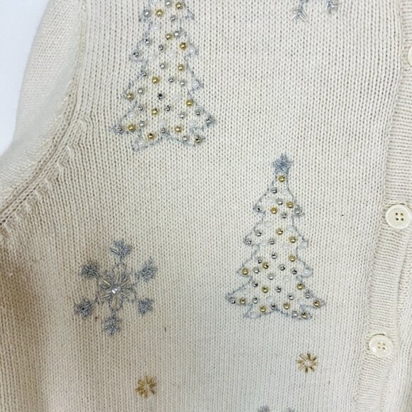 Croft & Barrow Christmas Sweater Cardigan Beaded Tree Snowflakes Ivory sz L - Picture 3 of 9